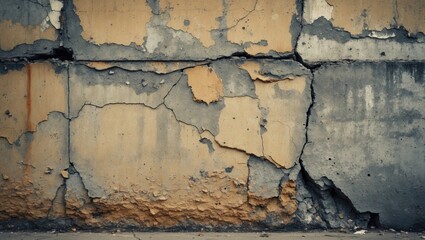 Aufkleber - Vintage-style concrete wall with cracks and peeling paint in muted beige and gray colors, featuring weathered textures in the central area.