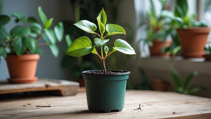 Leinwandbilder - Hoya seedling in a green pot centered on a wooden table with soft natural light and lush indoor plants in the background.