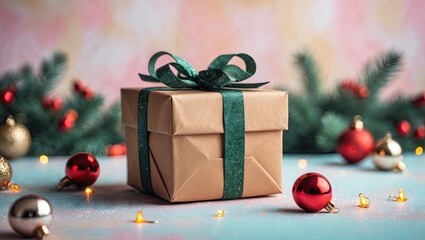Poster - Elegant brown gift box with green ribbon centered on a pastel background surrounded by red ornaments and evergreen branches for Christmas.