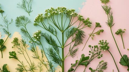 Poster - Fresh herbs assortment on pastel backgrounds featuring green dill and white flowers on pale pink and mint green surfaces.