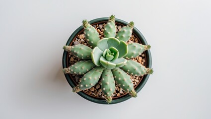 Aufkleber - Top view of a lush green Haworthia succulent in a dark ceramic pot with light brown pebbles on a bright white background.