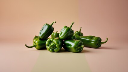 Poster - Fresh green bell peppers arranged artistically on a softly lit pastel background with light beige and pale pink tones enhancing the vibrant colors.