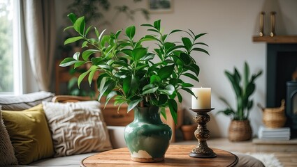 Aufkleber - Green lush plant in a green ceramic vase next to a vintage candle holder on a wooden coffee table in a cozy living room with soft decor.
