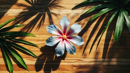 Fototapete - Hamedorea flower with blue and pink petals positioned centrally on wooden floor surrounded by green palm leaves casting intricate shadows in sunlight.