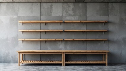 Aufkleber - Minimalist wooden shelves on a concrete wall with a rustic wooden table below, featuring neutral tones and ample space for displaying products.