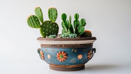 Aufkleber - Decorative blue pot featuring vibrant green succulents and cacti with intricate floral designs set against a clean white background.