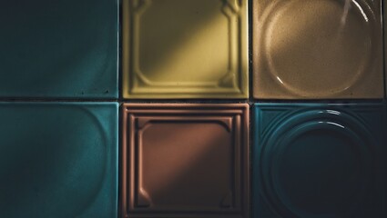 Aufkleber - Colorful textured tiles with illumination contrast in green, yellow, and brown tones arranged symmetrically in a grid pattern capturing 60s design.
