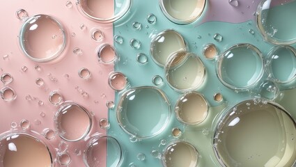 Leinwandbilder - Transparent bubbles overlaid on a pastel pink and mint green background, creating a stylish and modern abstract design with soft colors.