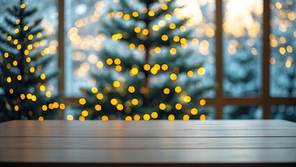 Poster - Cozy empty wooden table in foreground with softly blurred Christmas tree lights glowing in the background under a winter sunset ambiance