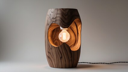 Fototapete - Modern handcrafted wooden lamp with unique design featuring warm wood tones, illuminated bulb centrally positioned creating a cozy atmosphere.