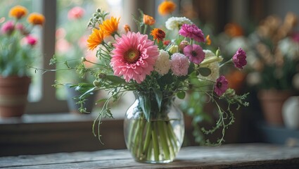 Aufkleber - Colorful bouquet of flowers in glass vase with pink gerbera and orange blooms, softly blurred background of floral shop interiors.