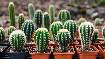 Poster - Vibrant green cactus seedlings in terracotta pots arranged in rows with a blurred natural background showcasing a sunny garden atmosphere.