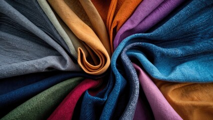 Poster - Close-up view of colorful textiles in a spiral arrangement featuring deep blue, vibrant orange, rich purple, and subtle gray hues on fabric surfaces