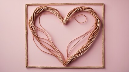 Aufkleber - Heart shape crafted from entwined strings, framed in a natural wood border, set against a soft pastel pink background.