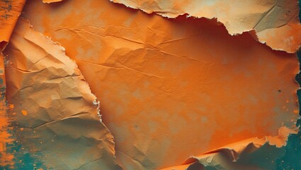 Poster - Grunge orange textured paper with torn edges creating a warm color palette, providing ample copyspace for text and design elements.