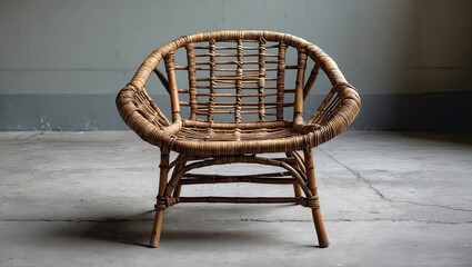 Aufkleber - Vintage woven rattan chair with a light brown finish, positioned centrally on a gray cement floor, featuring selective focus on the chair's texture.