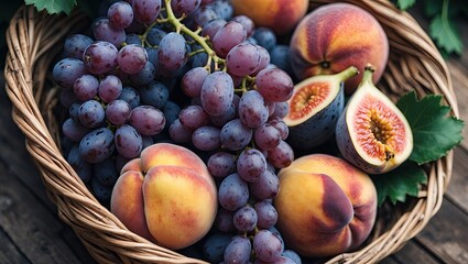 Poster - Colorful fruit basket filled with purple grapes, orange peaches, and sliced figs on a wooden surface with greenery in the background for copyspace.
