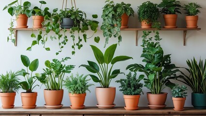 Aufkleber - Bright and airy interior showcasing a variety of lush green potted plants in terracotta pots arranged on wooden shelves against a light wall backdrop.