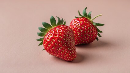 Poster - Juicy red strawberries with bright green leaves positioned on a soft pastel beige background, creating a fresh and vibrant contrast.