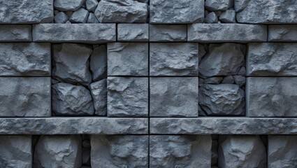 Poster - Gray stone wall texture with abstract patterns in a uniform grid layout featuring various dark gray shades and scattered rocky elements throughout.