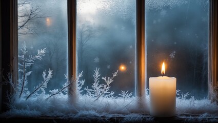Aufkleber - Frosted window with ice patterns in cool blue tones, glowing candle on soft white snow, warm light contrasting with winter scene outside.