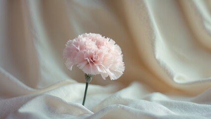 Aufkleber - Pastel pink carnation flower isolated on soft beige satin backdrop with gentle folds creating a serene, elegant atmosphere in the composition.