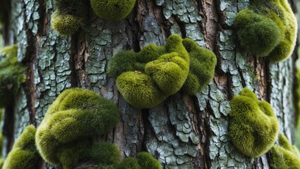 Aufkleber - Mossy green formations on rugged brown tree bark showcasing intricate textures and natural patterns in a close-up perspective.