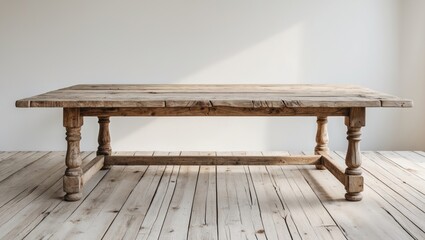 Fototapete - Rustic wooden table with a natural finish positioned centrally on a light wooden floor against a bright white background for product display.