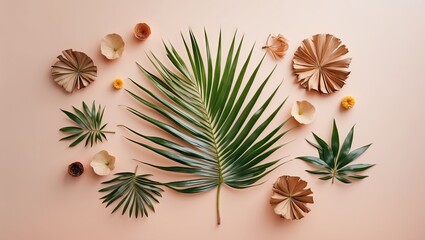 Aufkleber - Tropical foliage arrangement featuring a central green palm leaf surrounded by brown circular paper cutouts and small yellow berries on a light peach background.