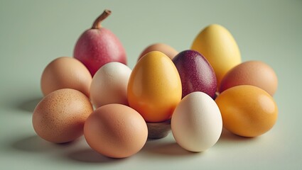 Poster - Colorful assortment of fresh egg fruits in various shades of yellow, pink, and brown arranged on a soft pastel green background.