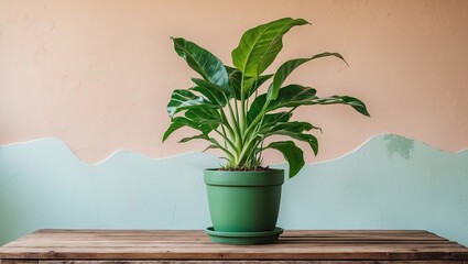 Poster - Green potted plant with large glossy leaves centered on rustic wooden table against a pastel peach and mint wall background.