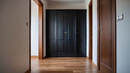 Poster - Cozy hallway with deep black wardrobe centered against light walls, wooden flooring in warm tones, doorways on either side inviting space.