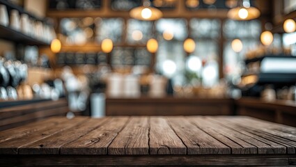 Poster - Empty rustic brown wooden table centered in the foreground with a softly blurred warm-lit coffee shop background featuring a bokeh effect.