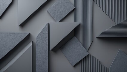 Poster - Abstract composition of gray geometric shapes and textured patterns on a dark gray background, ideal for modern screensaver designs.