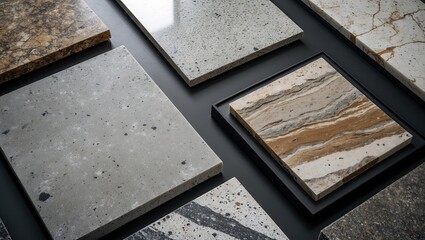 Fototapete - Elegant kitchen and bathroom countertop stone samples in various colors arranged on a dark surface showcasing textures and finishes.