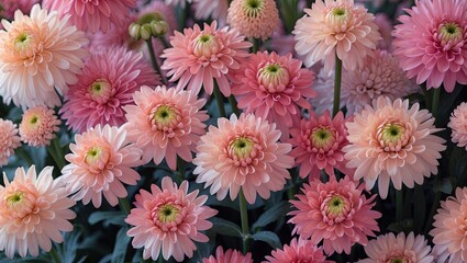 Aufkleber - Pastel backdrop featuring an intricate arrangement of soft pink and cream chrysanthemums in full bloom with green accents. Perfect for autumn themes.