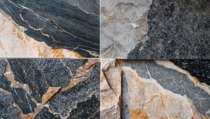 Poster - Matte finish granite marble texture with dark blue, gray, and golden veins arranged in four sections, showcasing natural stone elegance and variation.