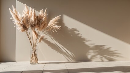 Poster - Dried pampas grass bouquet in a clear vase casting soft shadows on a beige wall with warm sunlight illuminating the scene