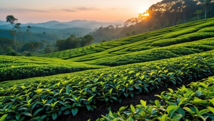Poster - Lush green tea plantation rolling hills at sunset with warm orange sky and copy space for text on the left in serene natural landscape.