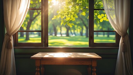 Aufkleber - Sunlit wooden table by the window framed with white curtains overlooking a lush green park filled with sunlight and gentle tree foliage.
