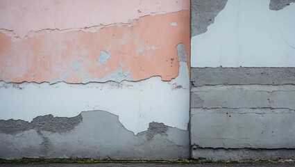Aufkleber - Grunge pastel wall featuring textured patches of soft pink, muted white, and grey cement with a distressed finish, creating an urban aesthetic.