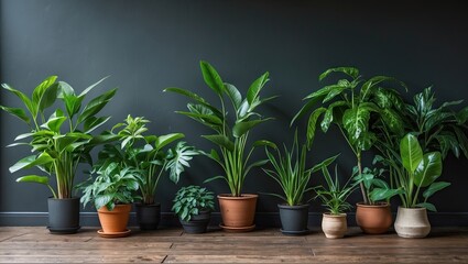 Poster - Lush green indoor plants in various pots arranged along a dark wall with a wooden floor creating a vibrant yet serene home ambiance.