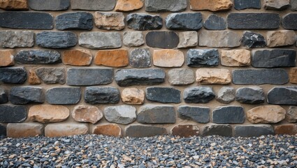 Poster - Gravel stone wall backdrop featuring a blend of black, grey, and earthy brown stones with a textured surface and gravel base in the foreground.