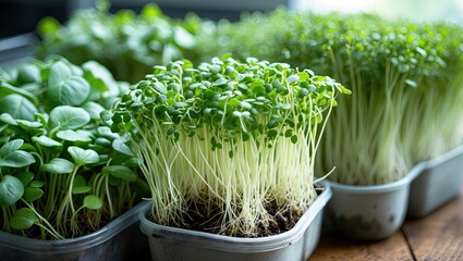 Aufkleber - Lush green microgreens growing in gray containers arranged in rows with blurred background and natural light highlighting vibrant textures