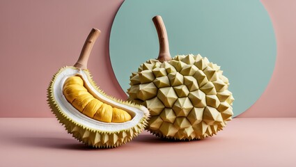 Poster - Fresh durian fruit display featuring a whole durian and a sliced section. Positioned on a soft pastel pink background with a mint circular backdrop.