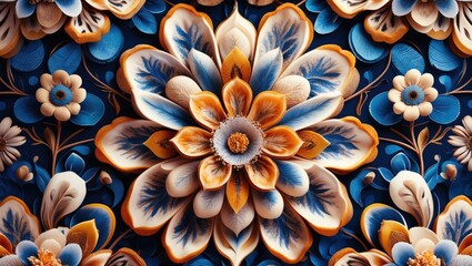 Poster - Intricate floral pattern in blue, orange, and cream colors, centered with ample copyspace for text or design on a dark backdrop.