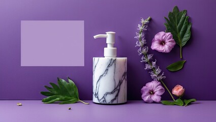 Poster - Flat lay of a marble soap dispenser on a violet background with purple flowers and leaves on the left, space for text on the right.