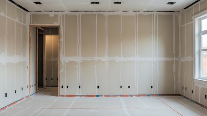 Poster - Renovation of a flat interior with unfinished drywall walls in neutral tones, showcasing an empty space with a window and door on the left