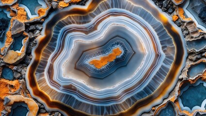 Poster - Stunning close-up of a multicolored agate stone featuring blue, orange, and gray layered patterns, showcasing intricate natural designs and textures.