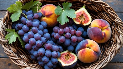 Poster - Colorful fruit basket with deep purple grapes figs and ripe peaches on wooden background with green leaves offering ample copyspace for design.